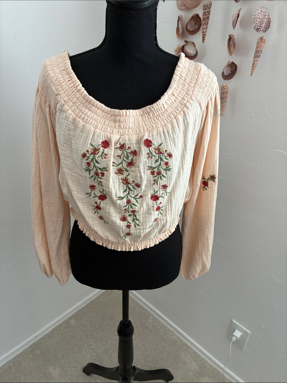 Shyanne Peach Blouse with Red and Green Floral Embroidery